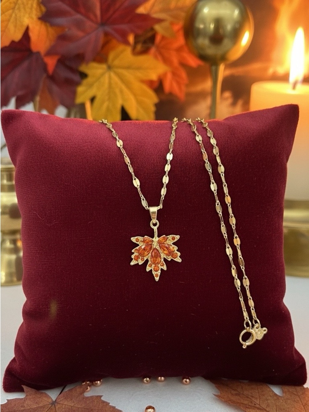 14K Gold Amber Bling Autumn Leaf Necklace Whimsigoth Fairycore Coquette Glam
